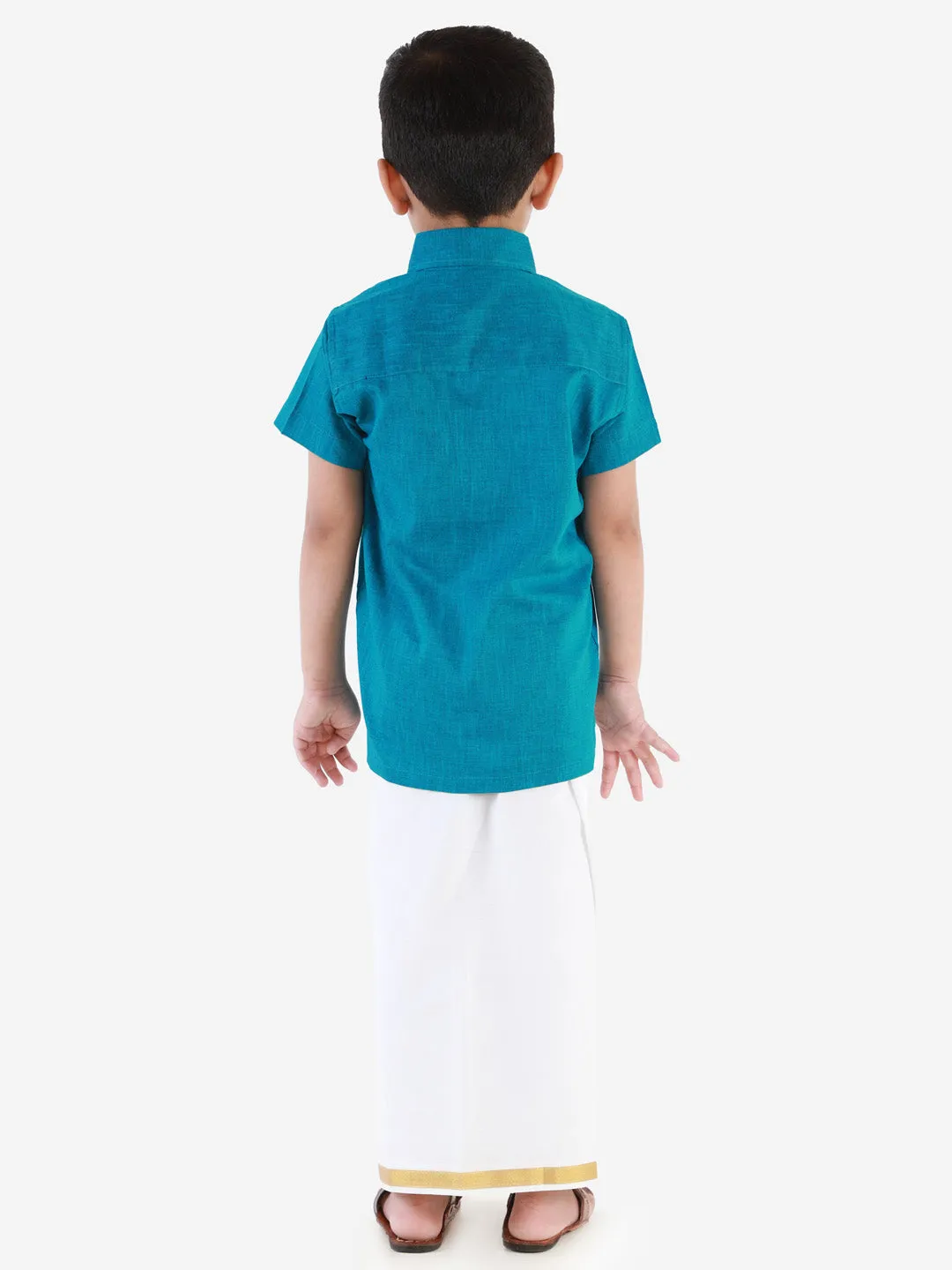 Vastramay Boys' Azure Blue Cotton Short Sleeves Ethnic Shirt Mundu Vesty Style Dhoti Pant Set