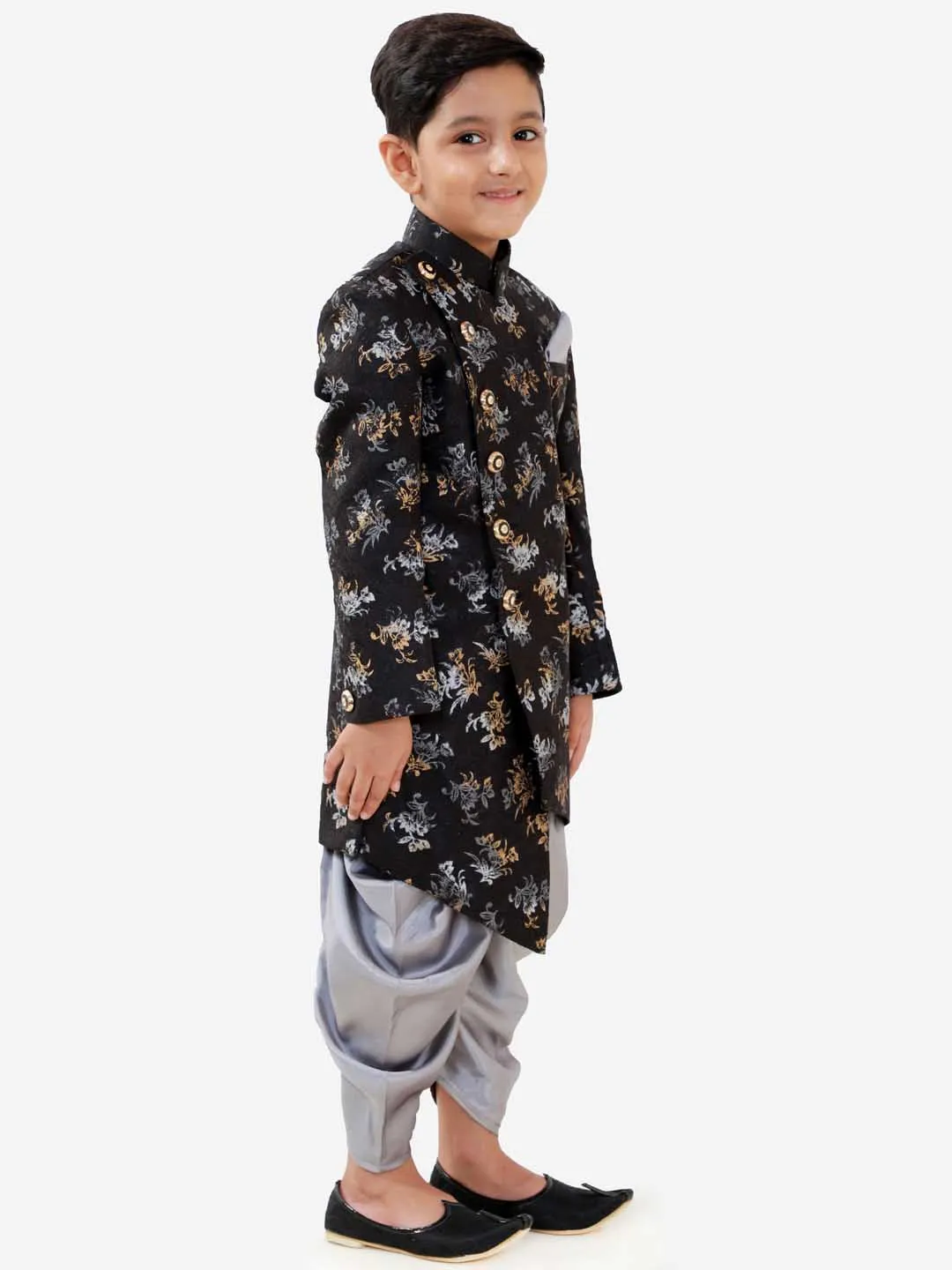 VASTRAMAY Boys Black And Grey Angrakha Style Indowestern Sherwani And Dhoti Set