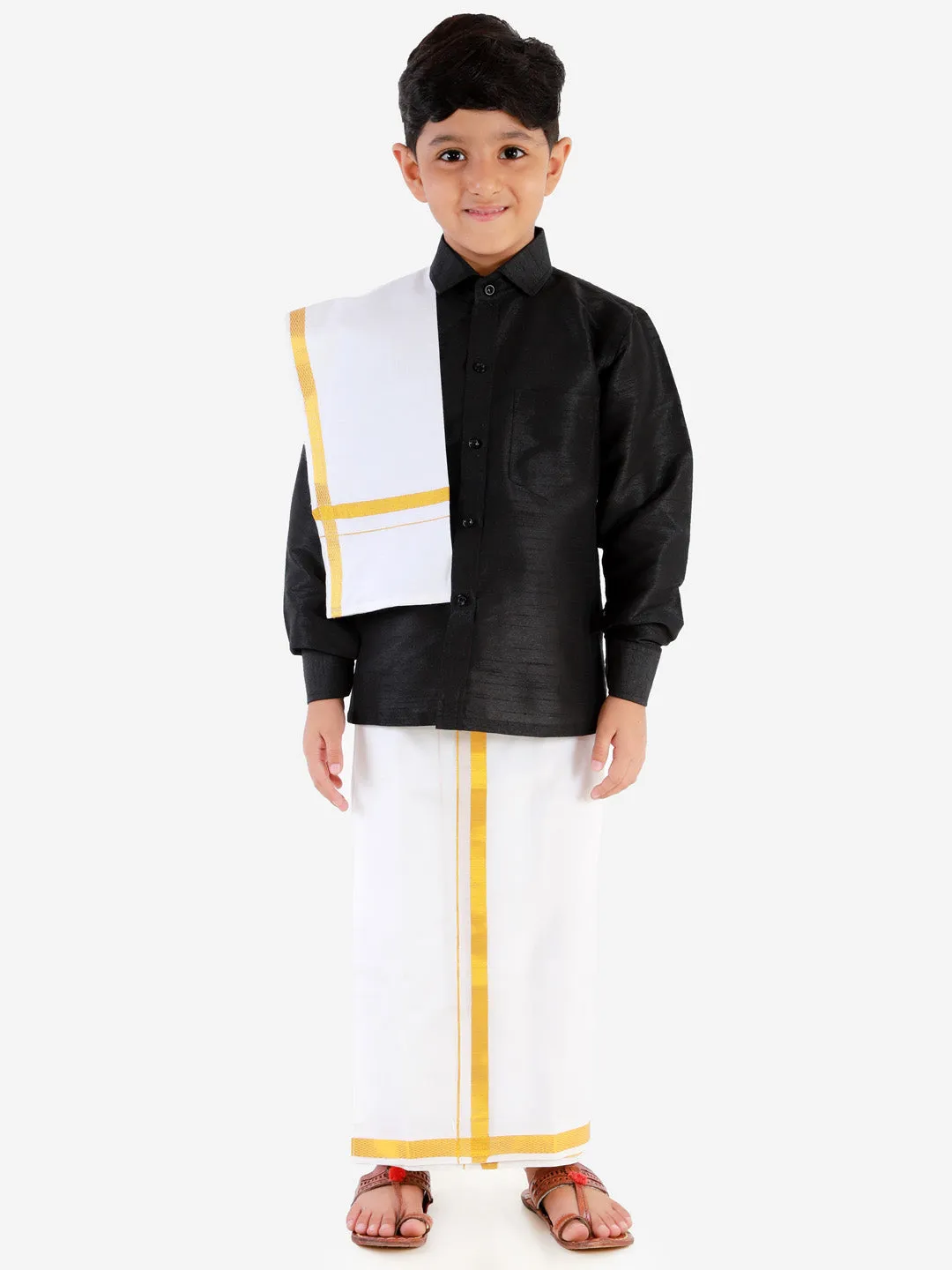 VASTRAMAY Boys' Black Silk Long Sleeves Ethnic Shirt Mundu Vesty Style Dhoti Pant Set