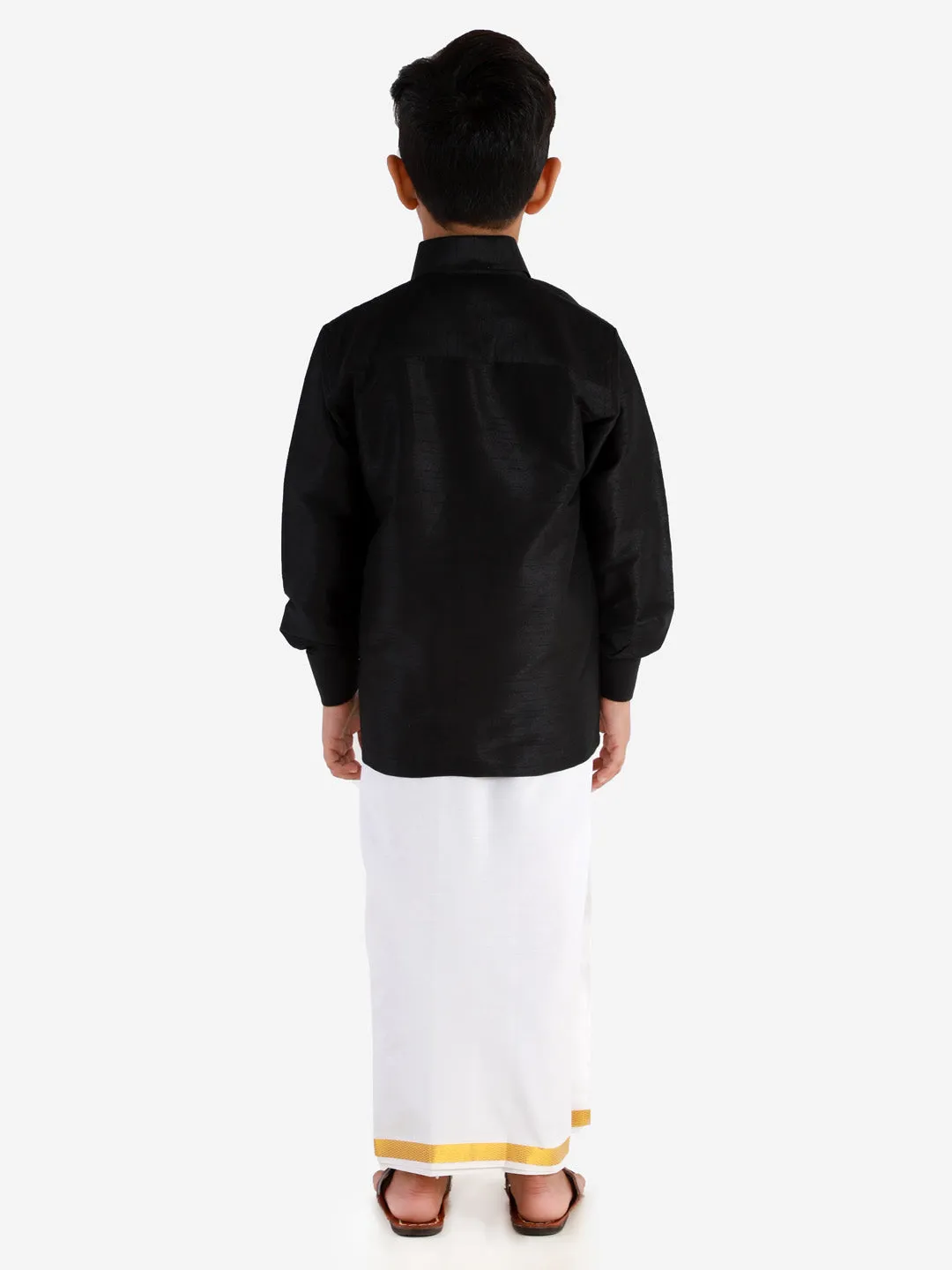 VASTRAMAY Boys' Black Silk Long Sleeves Ethnic Shirt Mundu Vesty Style Dhoti Pant Set