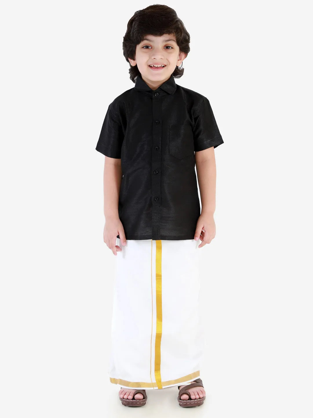 Vastramay Boys' Black Silk Short Sleeves Ethnic Shirt Mundu Vesty Style Dhoti Pant Set