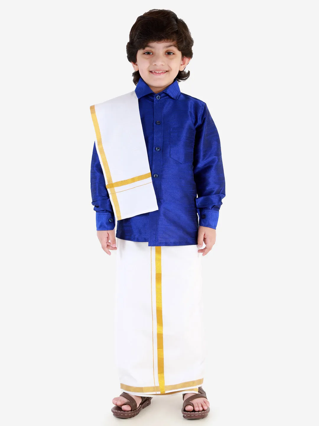 VASTRAMAY Boys' Blue Silk Long Sleeves Ethnic Shirt Mundu Vesty Style Dhoti Pant Set