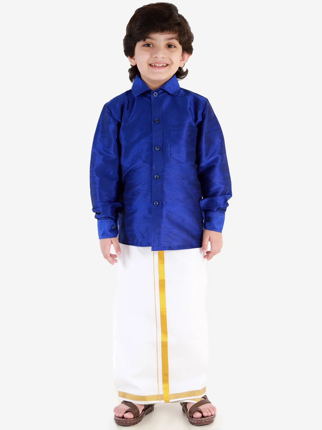 VASTRAMAY Boys' Blue Silk Long Sleeves Ethnic Shirt Mundu Vesty Style Dhoti Pant Set