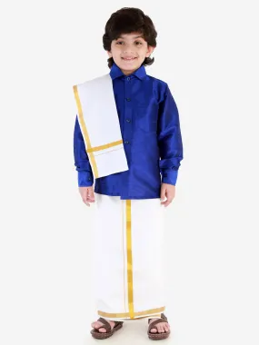 VASTRAMAY Boys' Blue Silk Long Sleeves Ethnic Shirt Mundu Vesty Style Dhoti Pant Set