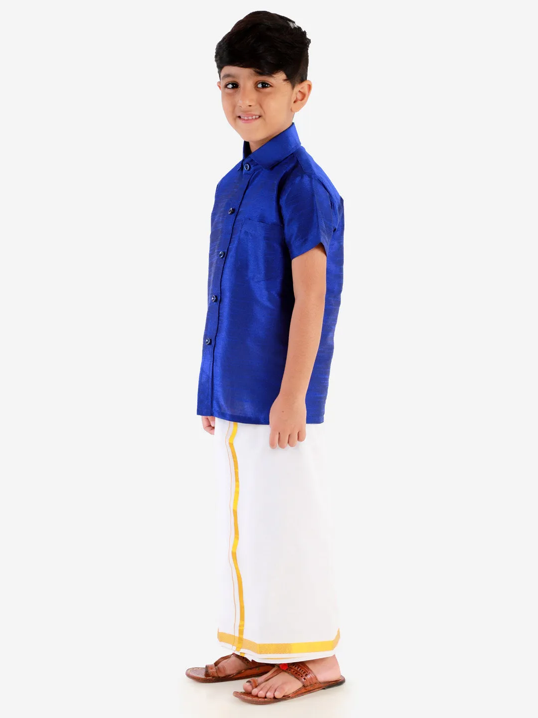 VASTRAMAY Boys' Blue Silk Short Sleeves Ethnic Shirt Mundu Vesty Style Dhoti Pant Set