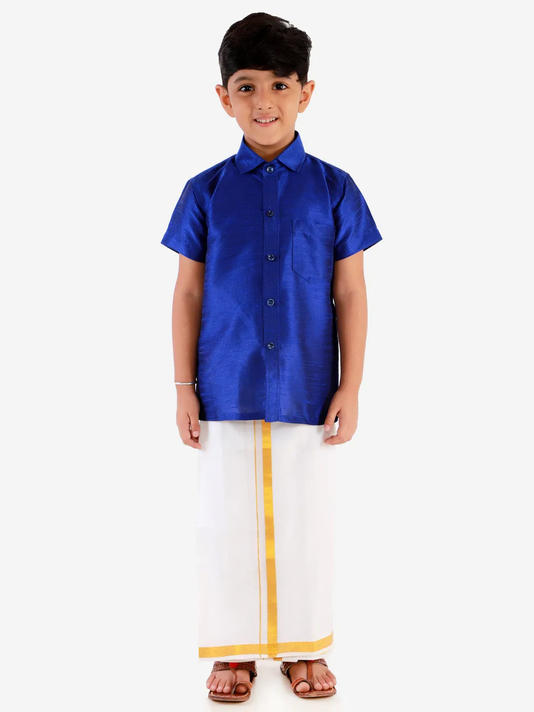 VASTRAMAY Boys' Blue Silk Short Sleeves Ethnic Shirt Mundu Vesty Style Dhoti Pant Set