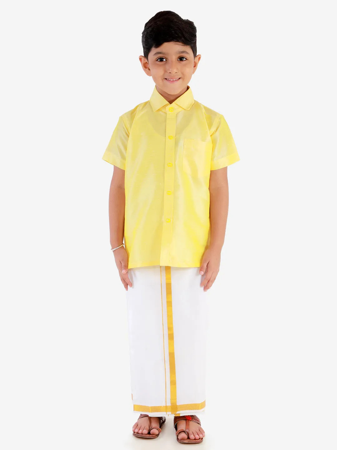 Vastramay Boys' Butter Yellow Silk Short Sleeves Ethnic Shirt Mundu Vesty Style Dhoti Pant Set