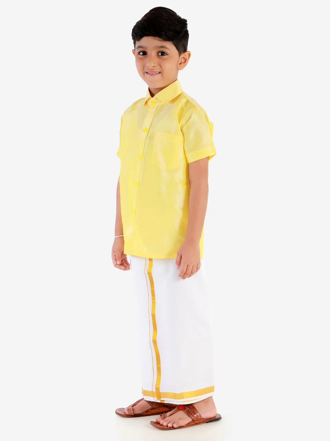 Vastramay Boys' Butter Yellow Silk Short Sleeves Ethnic Shirt Mundu Vesty Style Dhoti Pant Set