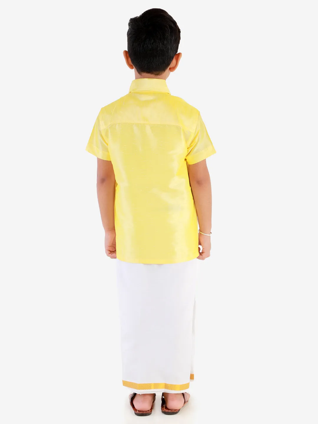 Vastramay Boys' Butter Yellow Silk Short Sleeves Ethnic Shirt Mundu Vesty Style Dhoti Pant Set