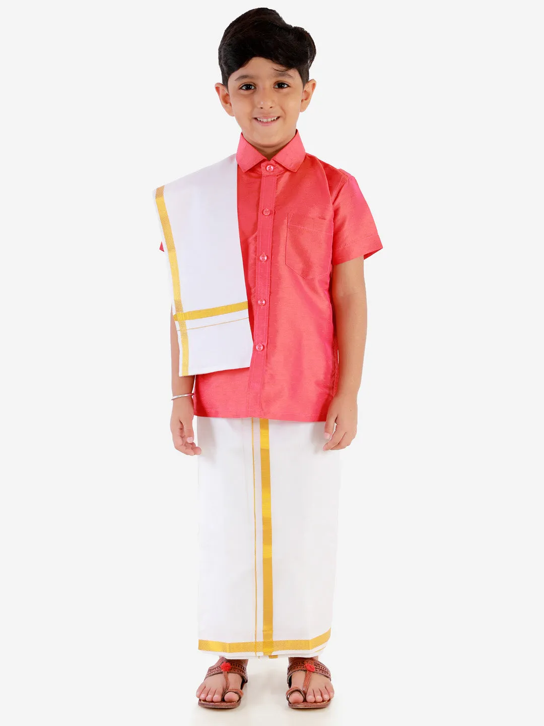 Vastramay Boys' Candy Red Silk Short Sleeves Ethnic Shirt Mundu Vesty Style Dhoti Pant Set