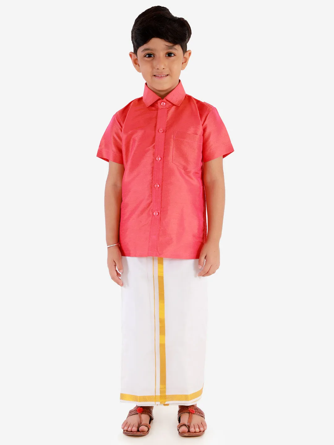 Vastramay Boys' Candy Red Silk Short Sleeves Ethnic Shirt Mundu Vesty Style Dhoti Pant Set