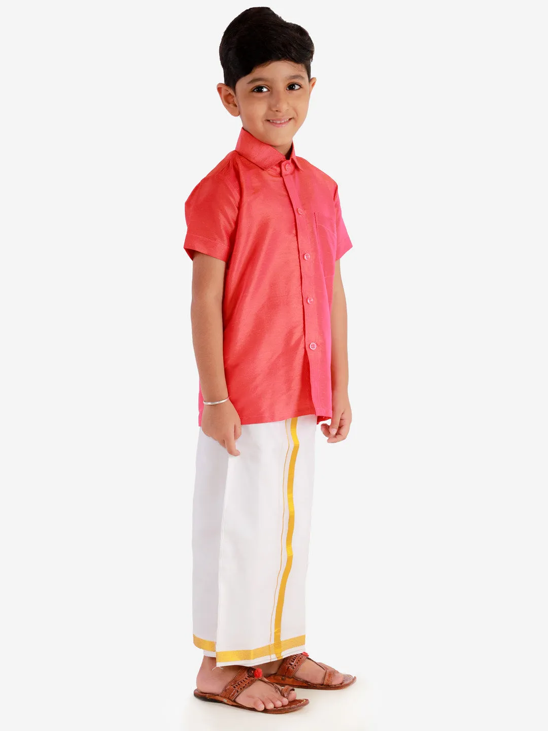 Vastramay Boys' Candy Red Silk Short Sleeves Ethnic Shirt Mundu Vesty Style Dhoti Pant Set