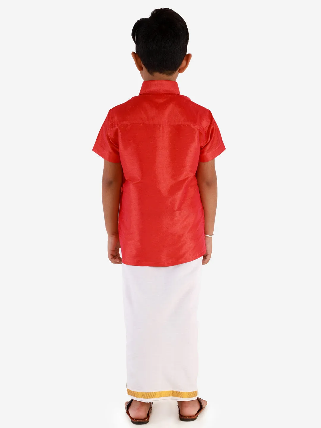 Vastramay Boys' Candy Red Silk Short Sleeves Ethnic Shirt Mundu Vesty Style Dhoti Pant Set