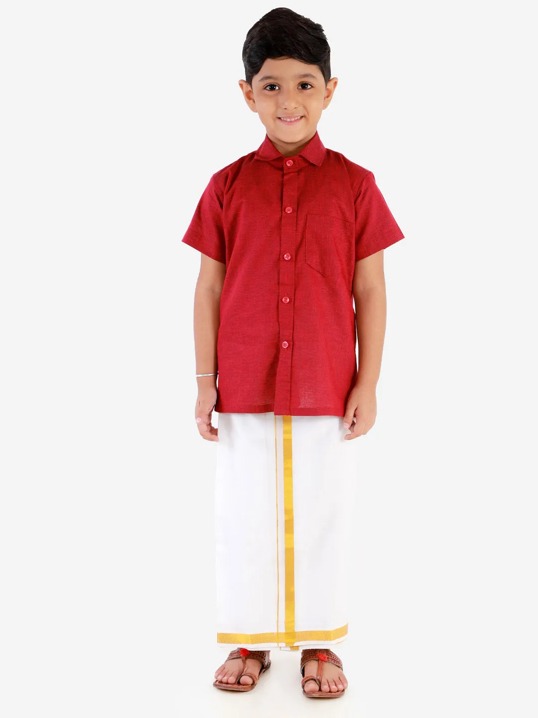 Vastramay Boys' Cherry Maroon Cotton Short Sleeves Ethnic Shirt Mundu Vesty Style Dhoti Pant Set