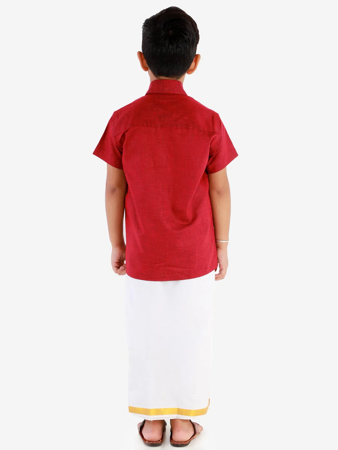 Vastramay Boys' Cherry Maroon Cotton Short Sleeves Ethnic Shirt Mundu Vesty Style Dhoti Pant Set