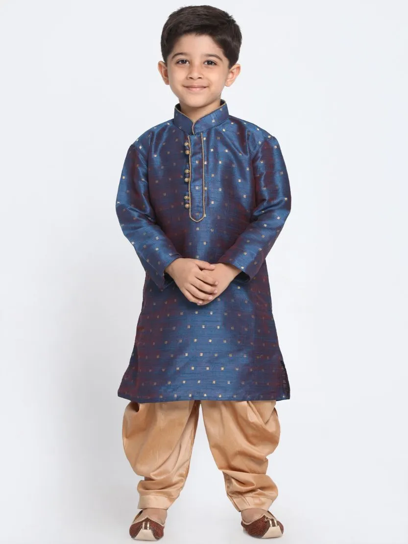 VASTRAMAY Boys' Deep Blue Cotton Silk Blend Kurta and Rose Gold Dhoti Pant Set