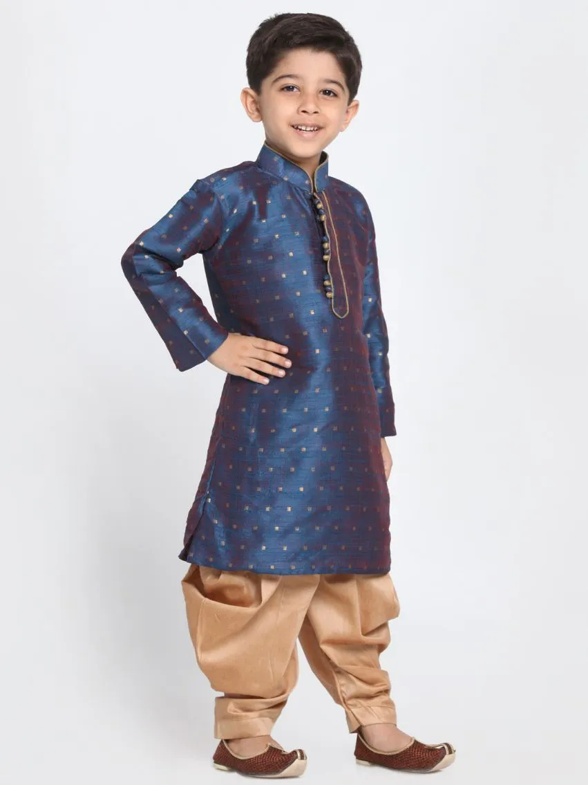 VASTRAMAY Boys' Deep Blue Cotton Silk Blend Kurta and Rose Gold Dhoti Pant Set