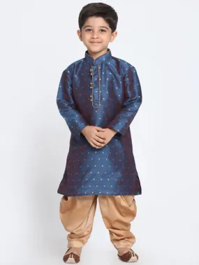 VASTRAMAY Boys' Deep Blue Cotton Silk Blend Kurta and Rose Gold Dhoti Pant Set