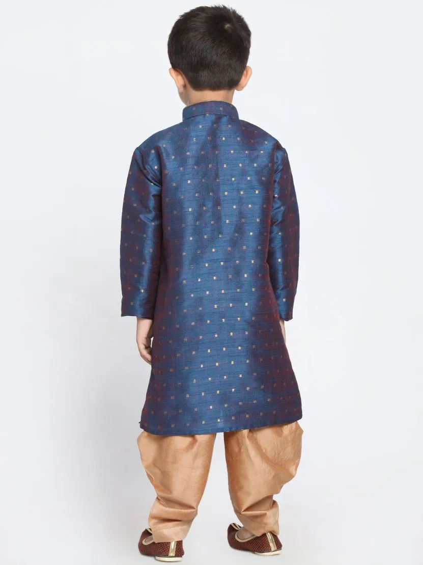 VASTRAMAY Boys' Deep Blue Cotton Silk Blend Kurta and Rose Gold Dhoti Pant Set