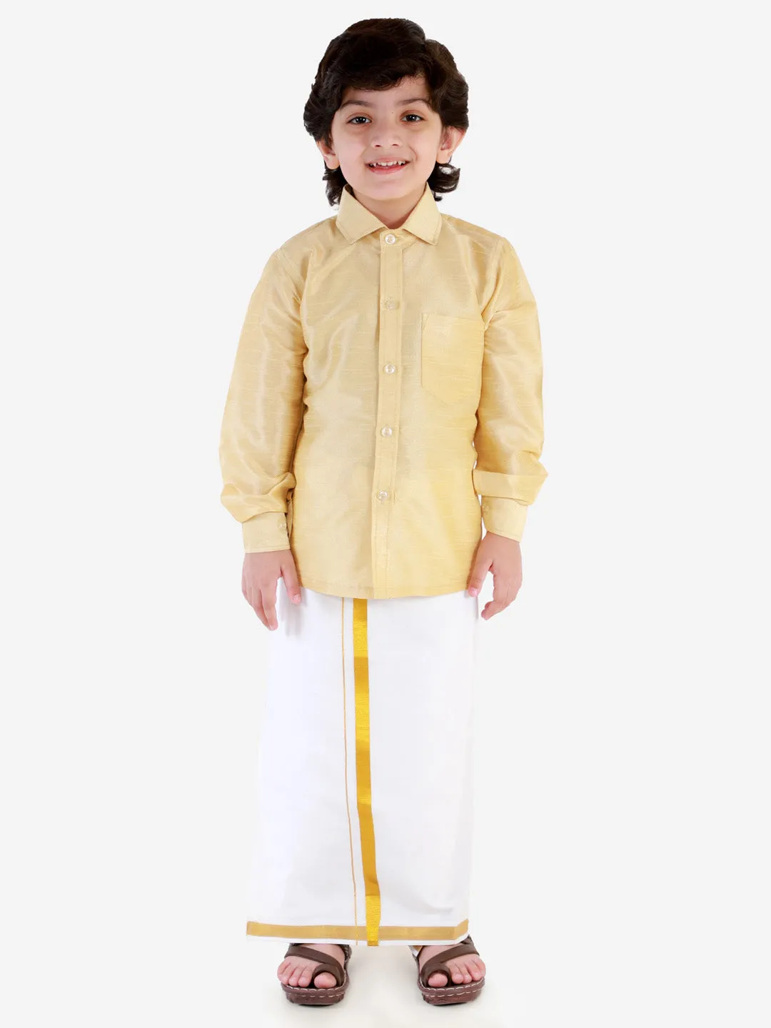 VASTRAMAY Boys' Gold Silk Long Sleeves Ethnic Shirt Mundu Vesty Style Dhoti Pant Set