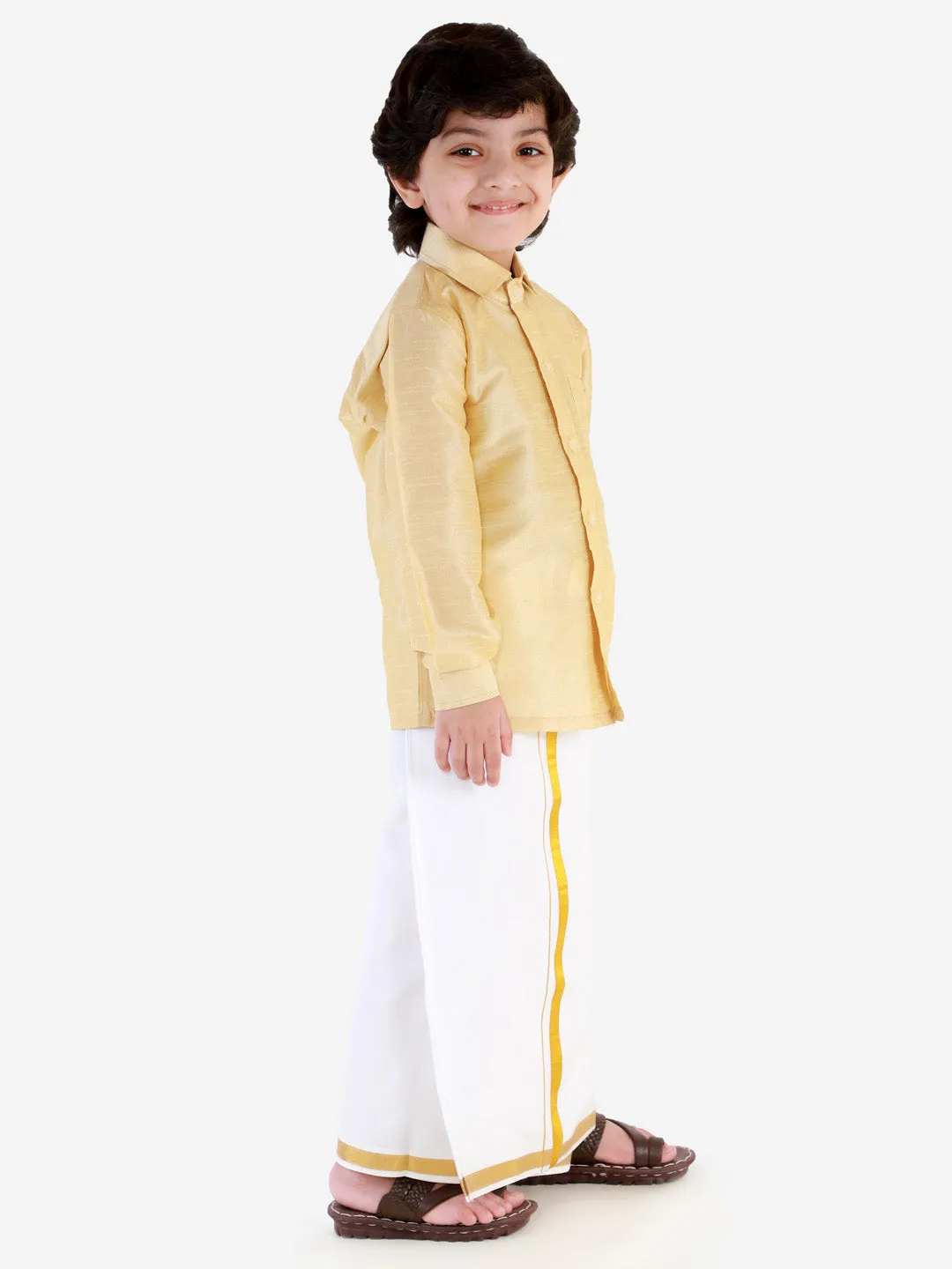 VASTRAMAY Boys' Gold Silk Long Sleeves Ethnic Shirt Mundu Vesty Style Dhoti Pant Set