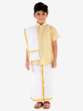 VASTRAMAY Boys' Gold Silk Short Sleeves Ethnic Shirt Mundu Vesty Style Dhoti Pant Set