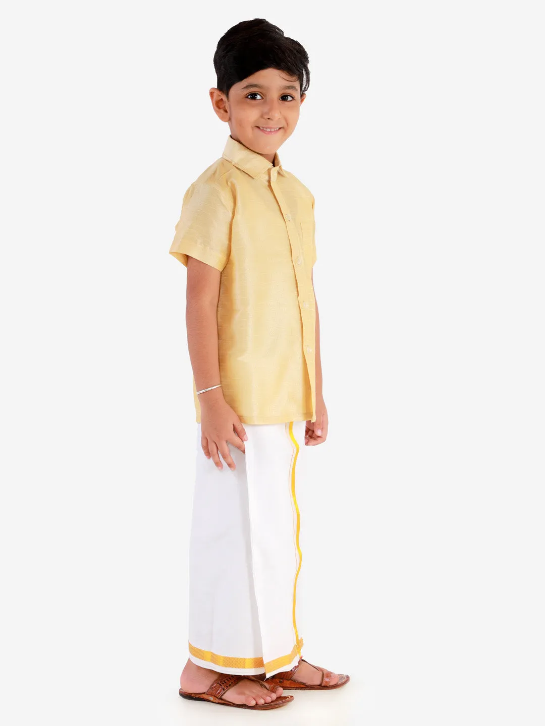 VASTRAMAY Boys' Gold Silk Short Sleeves Ethnic Shirt Mundu Vesty Style Dhoti Pant Set