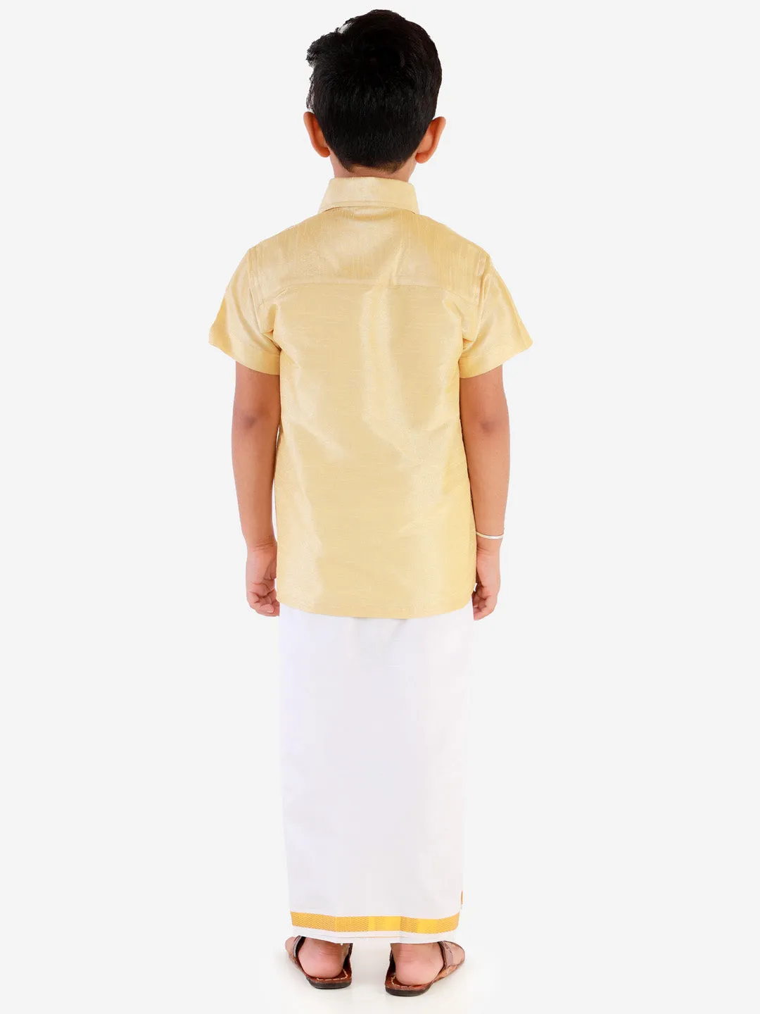 VASTRAMAY Boys' Gold Silk Short Sleeves Ethnic Shirt Mundu Vesty Style Dhoti Pant Set