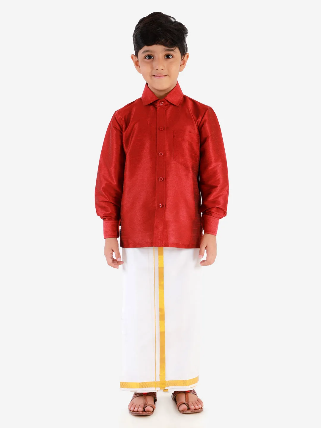 VASTRAMAY Boys' Maroon Silk Long Sleeves Ethnic Shirt Mundu Vesty Style Dhoti Pant Set