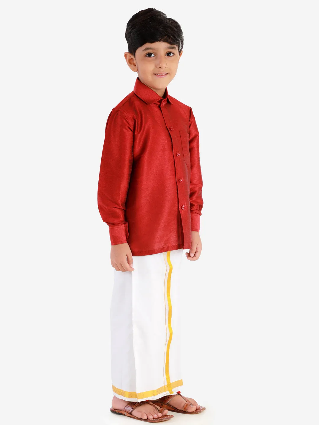 VASTRAMAY Boys' Maroon Silk Long Sleeves Ethnic Shirt Mundu Vesty Style Dhoti Pant Set