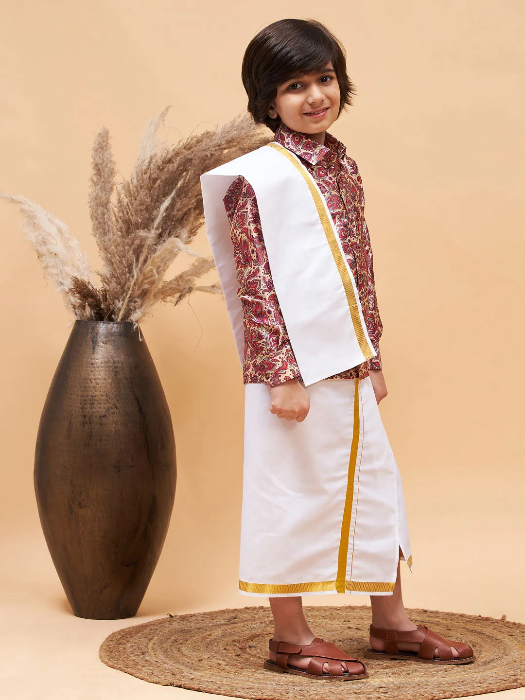 VASTRAMAY Boys' Multi Silk Long Sleeves Ethnic Shirt Mundu Vesty Style Dhoti Pant Set