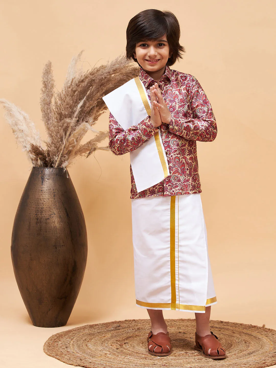 VASTRAMAY Boys' Multi Silk Long Sleeves Ethnic Shirt Mundu Vesty Style Dhoti Pant Set