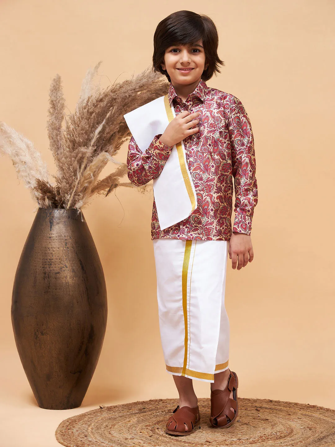 VASTRAMAY Boys' Multi Silk Long Sleeves Ethnic Shirt Mundu Vesty Style Dhoti Pant Set