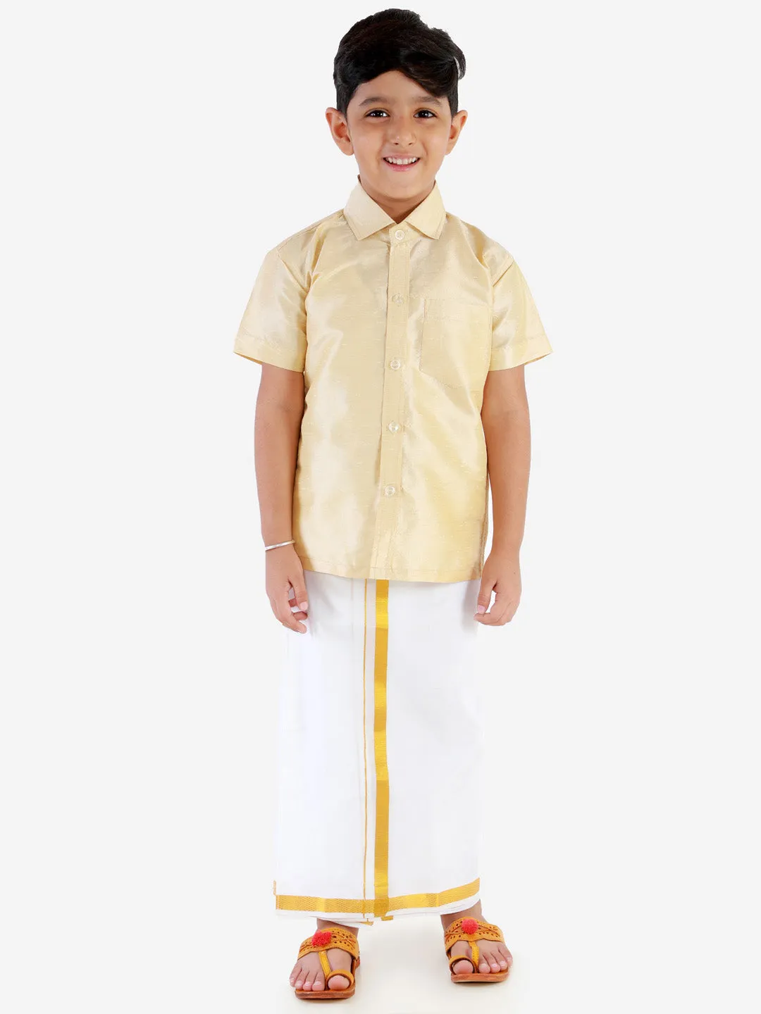 Vastramay Boys' Parmesan Silk Short Sleeves Ethnic Shirt Mundu Vesty Style Dhoti Pant Set