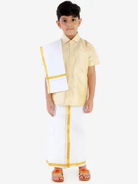 Vastramay Boys' Parmesan Silk Short Sleeves Ethnic Shirt Mundu Vesty Style Dhoti Pant Set