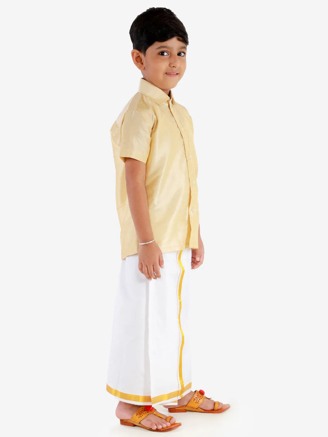 Vastramay Boys' Parmesan Silk Short Sleeves Ethnic Shirt Mundu Vesty Style Dhoti Pant Set