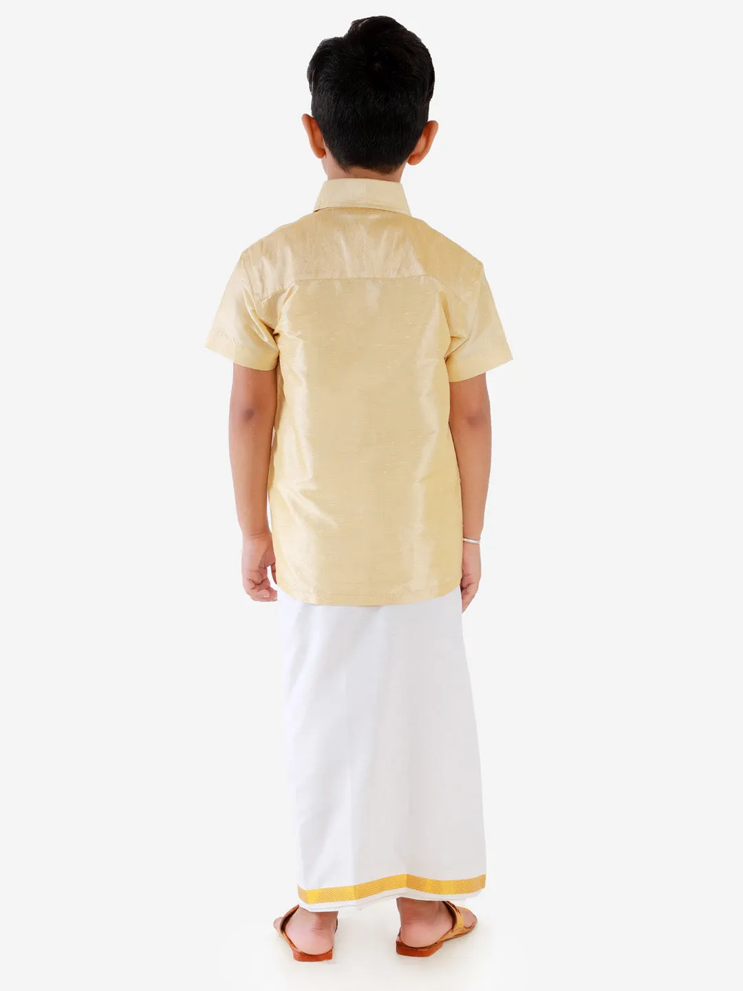 Vastramay Boys' Parmesan Silk Short Sleeves Ethnic Shirt Mundu Vesty Style Dhoti Pant Set