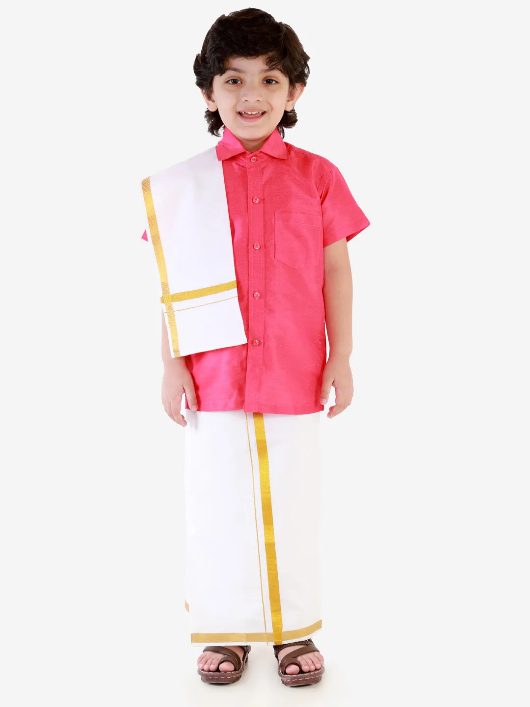 Vastramay Boys' Punch Pink Silk Short Sleeves Ethnic Shirt Mundu Vesty Style Dhoti Pant Set