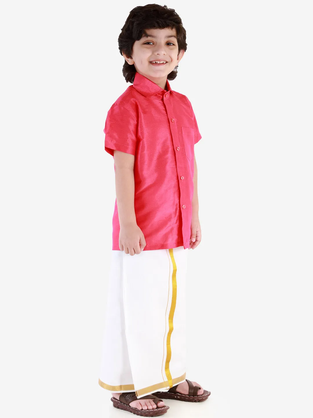 Vastramay Boys' Punch Pink Silk Short Sleeves Ethnic Shirt Mundu Vesty Style Dhoti Pant Set