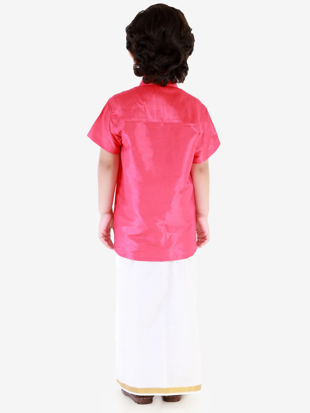 Vastramay Boys' Punch Pink Silk Short Sleeves Ethnic Shirt Mundu Vesty Style Dhoti Pant Set