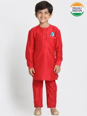 Vastramay Boys' Red Cotton Silk Blend Kurta and Pyjama Set