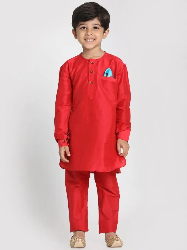 Vastramay Boys' Red Cotton Silk Blend Kurta and Pyjama Set