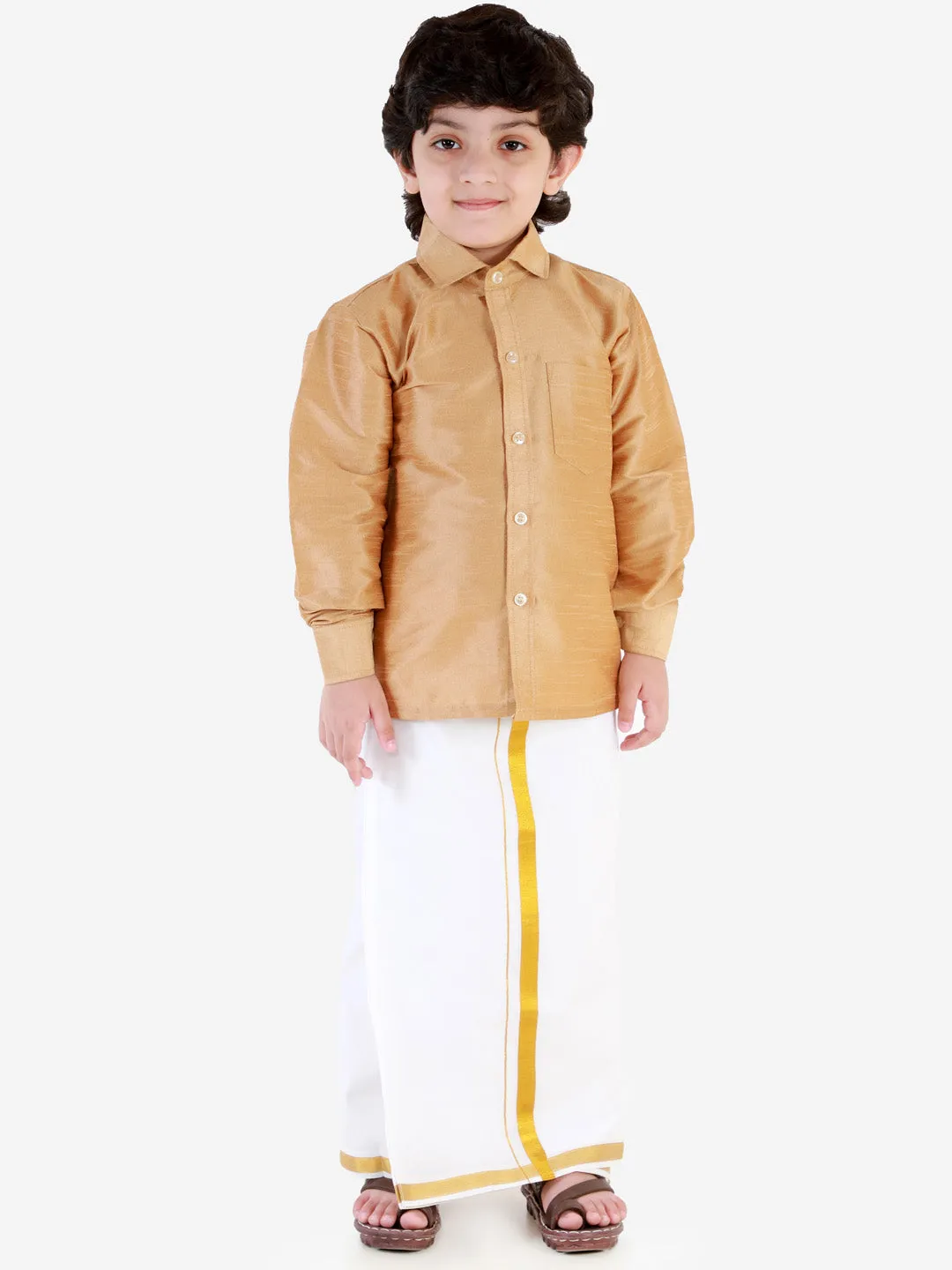 VASTRAMAY Boys' Rose Gold Silk Long Sleeves Ethnic Shirt Mundu Vesty Style Dhoti Pant Set