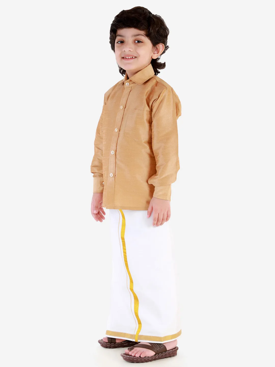 VASTRAMAY Boys' Rose Gold Silk Long Sleeves Ethnic Shirt Mundu Vesty Style Dhoti Pant Set