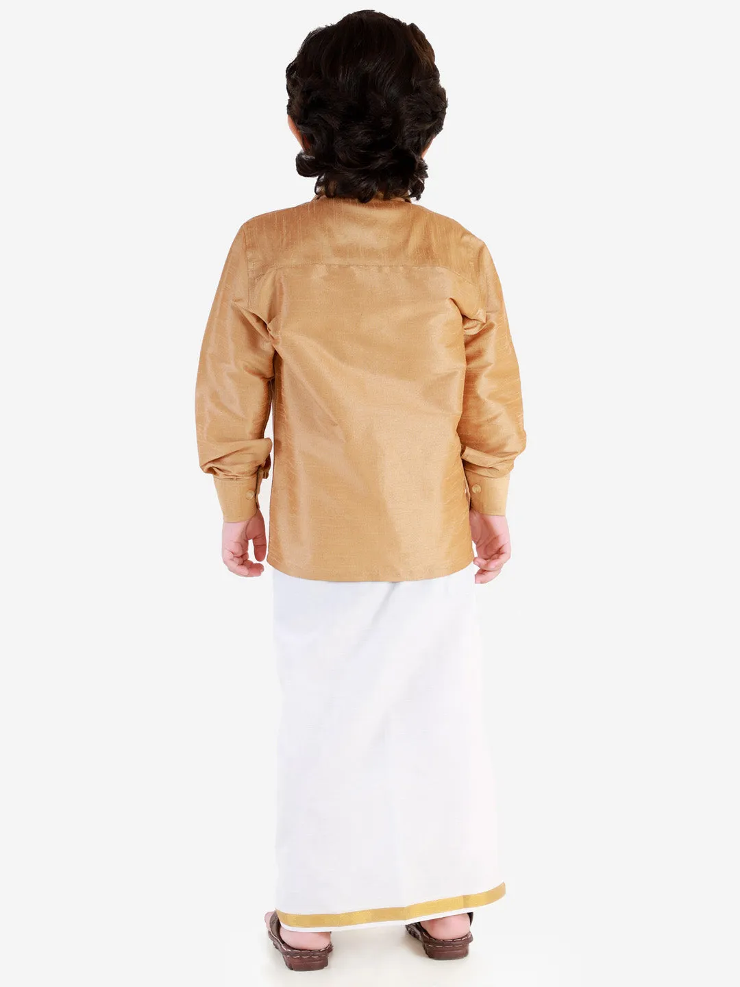 VASTRAMAY Boys' Rose Gold Silk Long Sleeves Ethnic Shirt Mundu Vesty Style Dhoti Pant Set