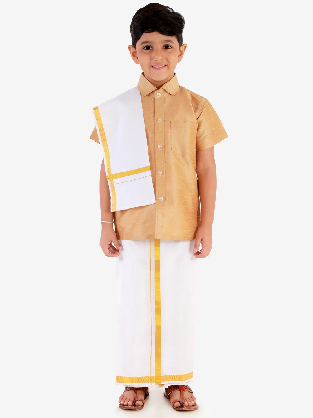 VASTRAMAY Boys' Rose gold Silk Short Sleeves Ethnic Shirt Mundu Vesty Style Dhoti Pant Set