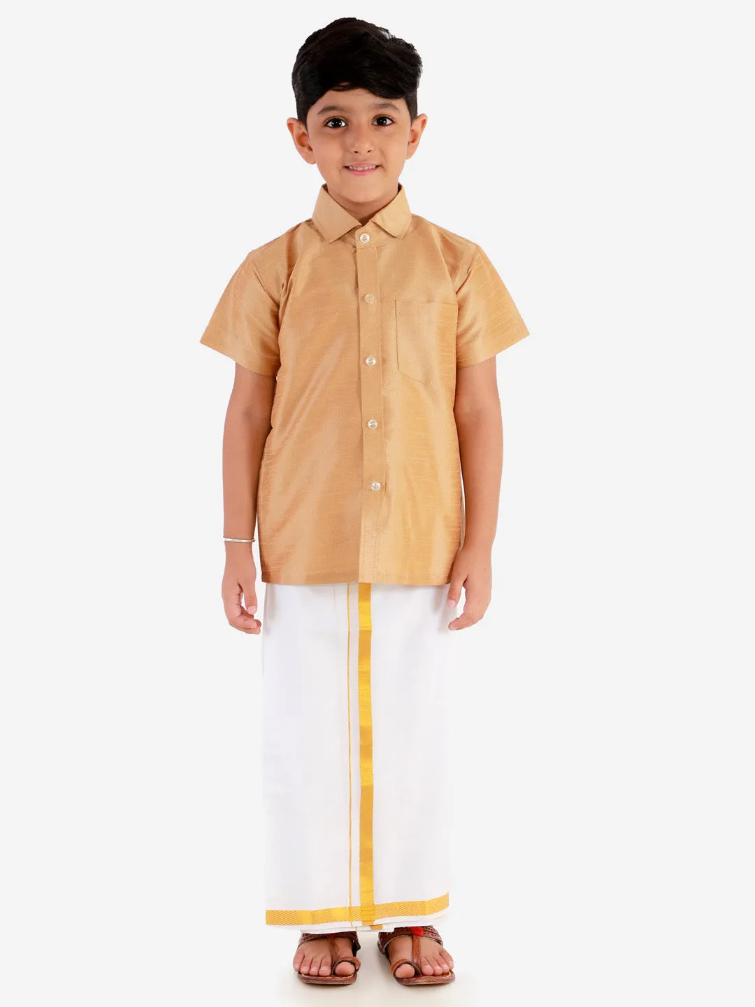 VASTRAMAY Boys' Rose gold Silk Short Sleeves Ethnic Shirt Mundu Vesty Style Dhoti Pant Set