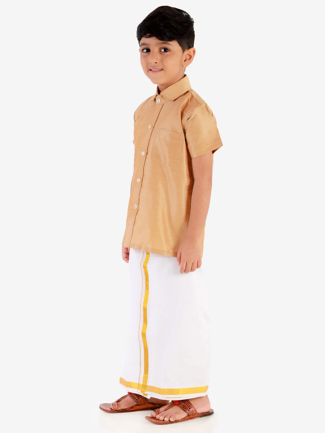 VASTRAMAY Boys' Rose gold Silk Short Sleeves Ethnic Shirt Mundu Vesty Style Dhoti Pant Set