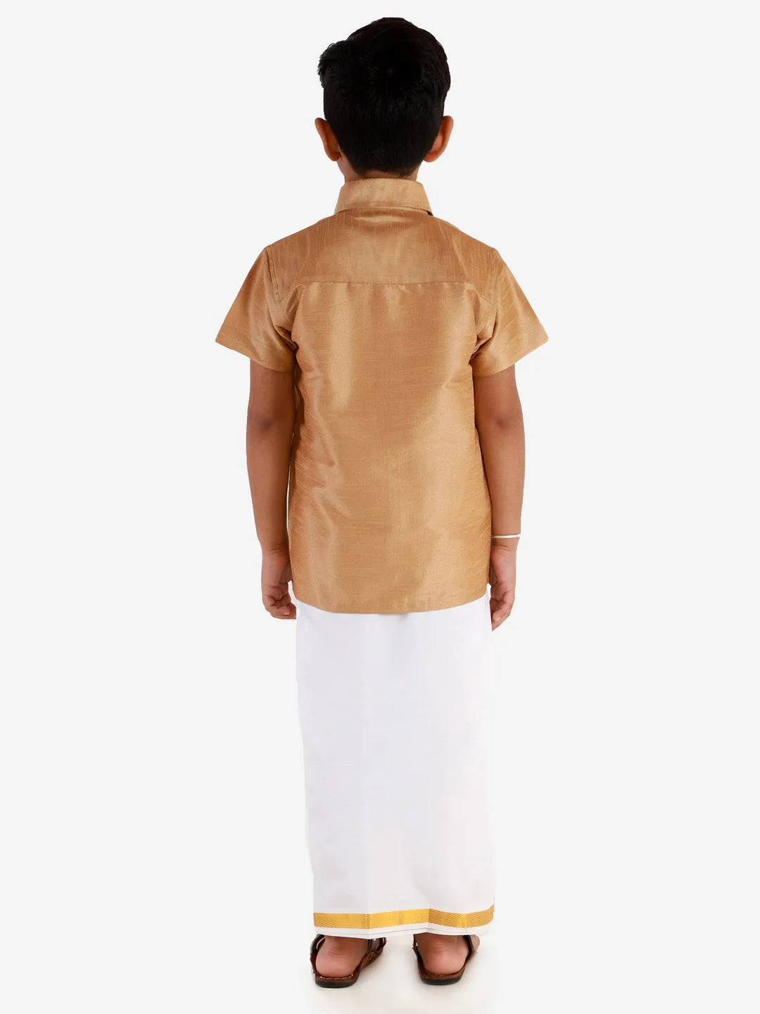 VASTRAMAY Boys' Rose gold Silk Short Sleeves Ethnic Shirt Mundu Vesty Style Dhoti Pant Set