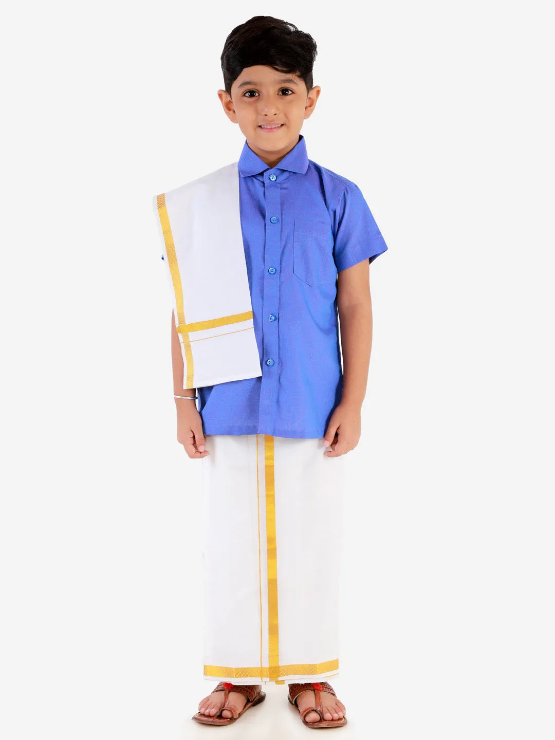 Vastramay Boys' Teal Blue Cotton Short Sleeves Ethnic Shirt Mundu Vesty Style Dhoti Pant Set